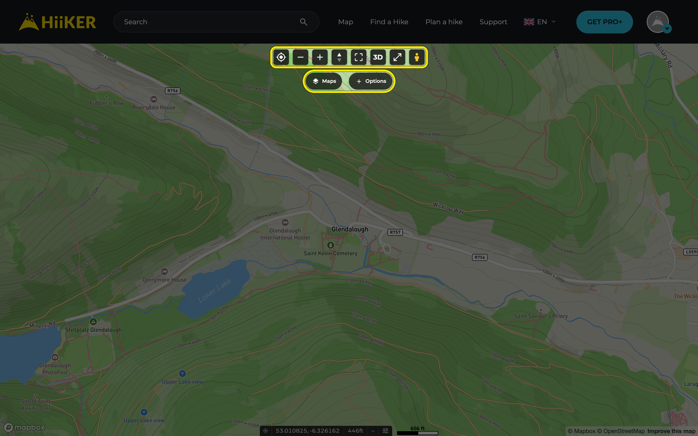 The map at hiiker.app/map with the map controls along the top and the Maps and Options buttons highlighted