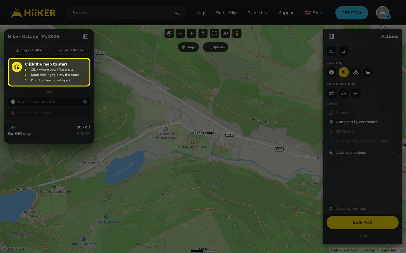 The web Hike Planner with the Click the map to start steps highlighted in the left panel