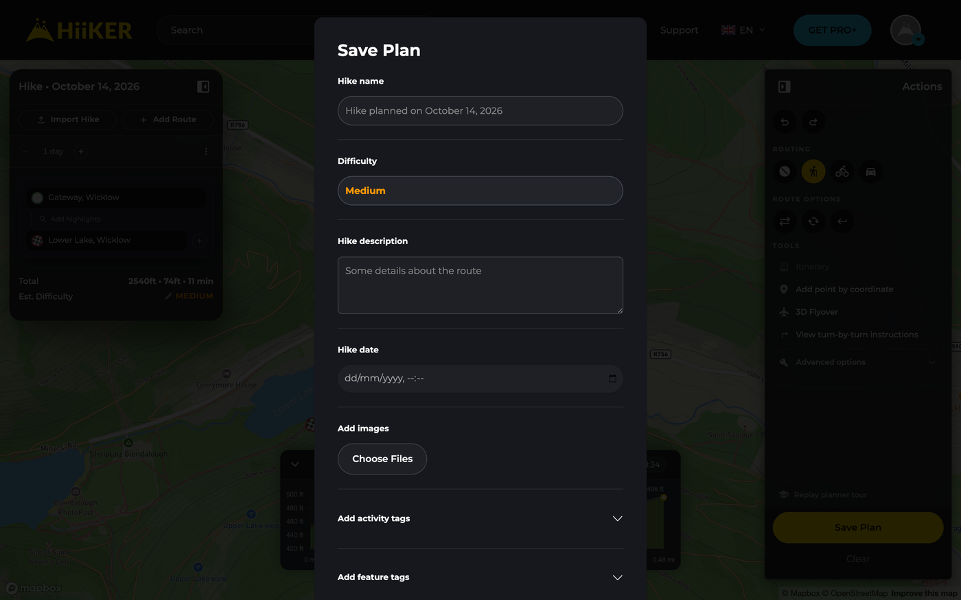The Save Plan window in the web Hike Planner with Hike name, Difficulty, Hike description and Hike date